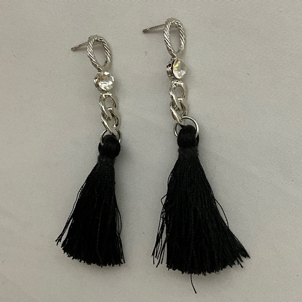 Elegant Silver and Black Tassel Earrings